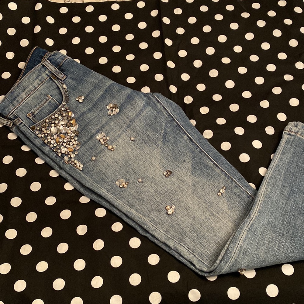 BlankNYC crop girlfriend distresses denim jeans with jewel details
